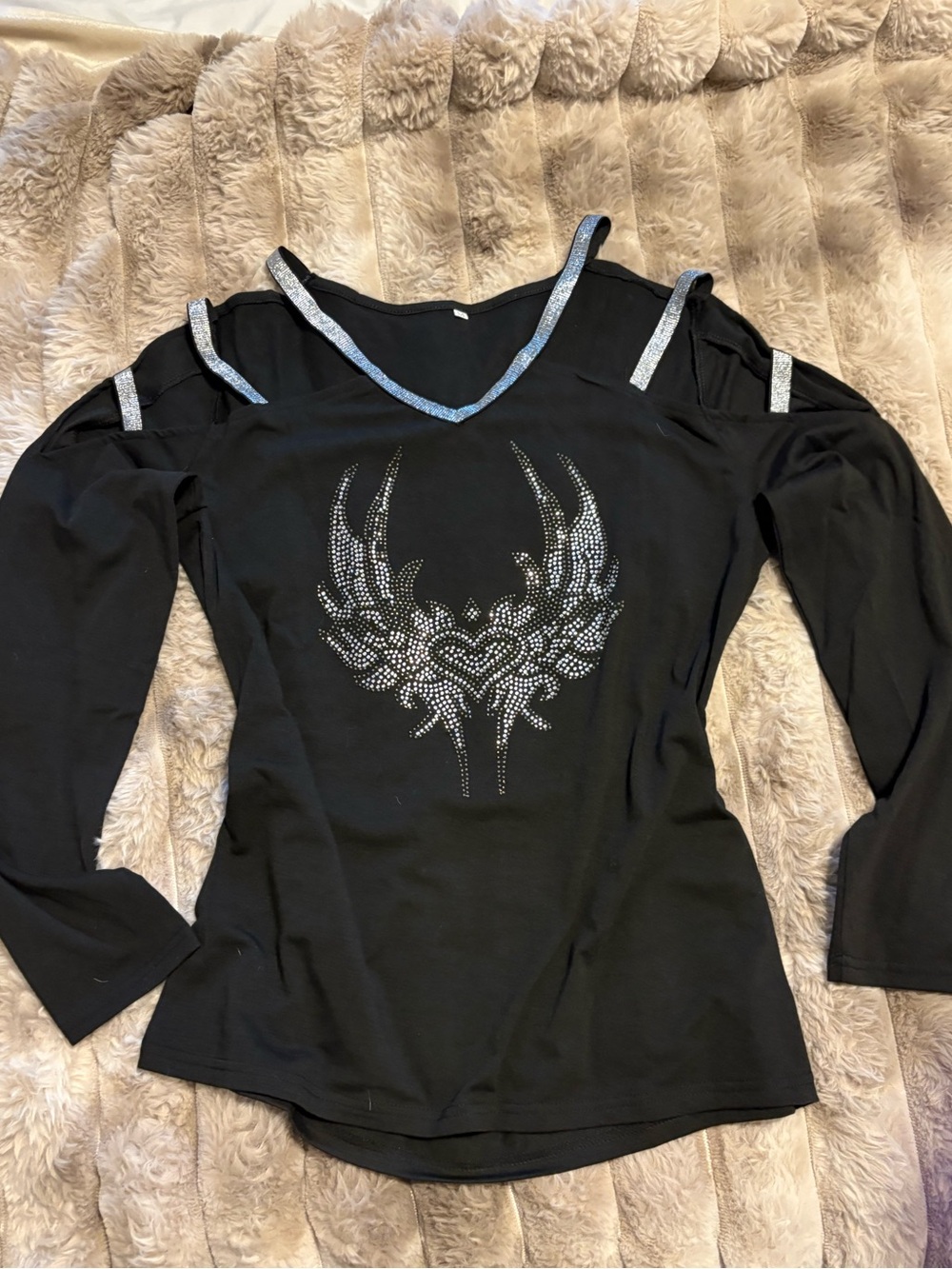 Black Cold-Shoulder Sparkle Tee with Rhinestone Wing Motif